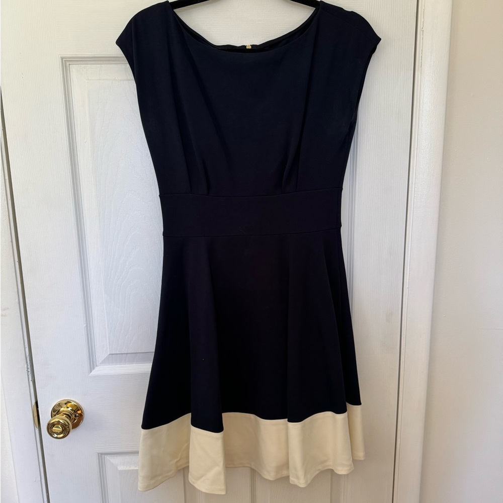 Kate Spade navy blue and white dress. Boat neck, fit and flare. Size small.